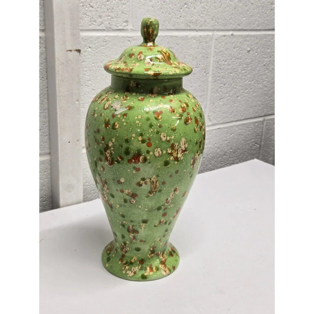 Apothecary Style Jar Lid Large Ceramic Container Green Splatter 70's Perfect